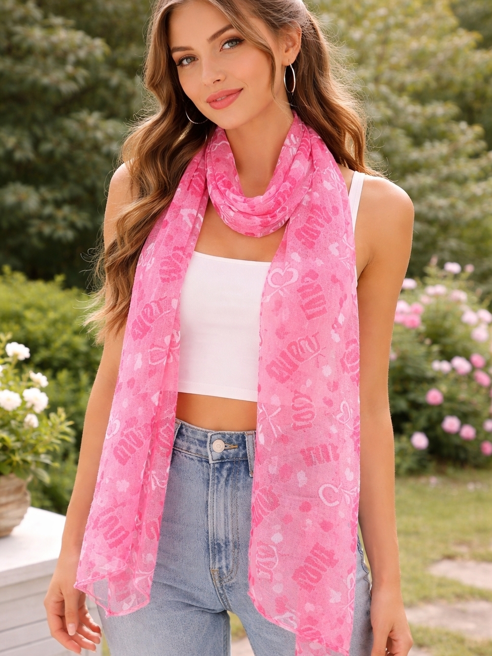 Pink “Love” Heart Print Long Scarf 58x22 Valentine Y2K Coquette Lightweight lon